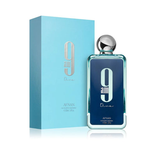 Afnan 9AM Dive 100 ML — frasco y caja del perfume
