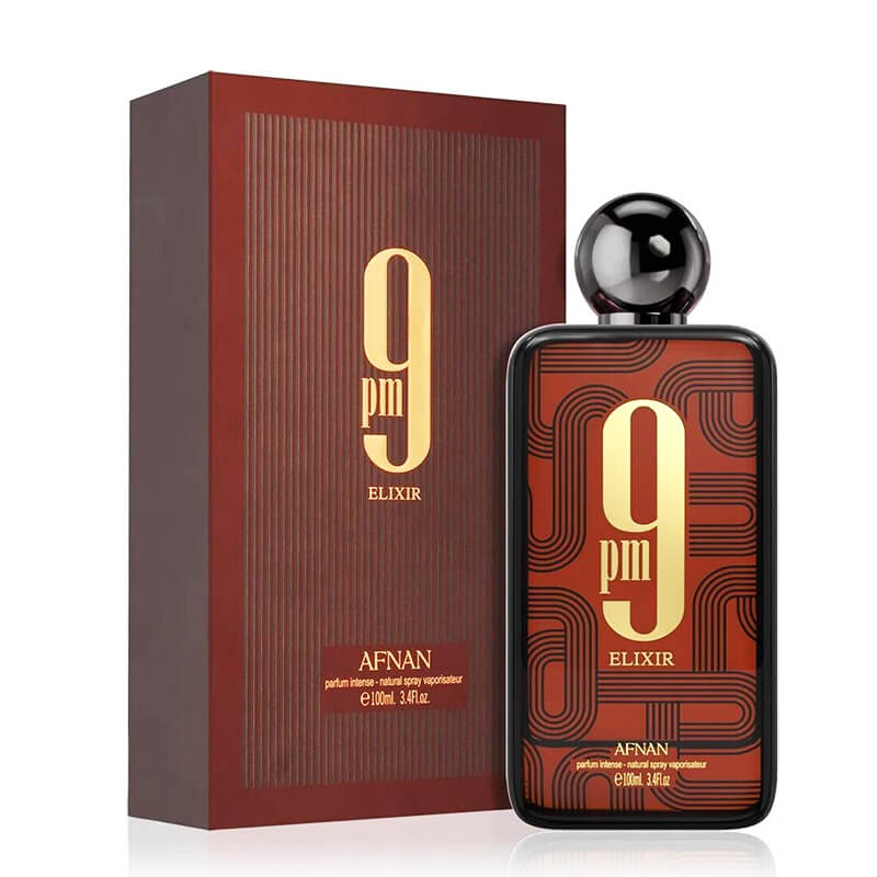 Afnan 9PM Elixir 100 ML — frasco y caja del perfume