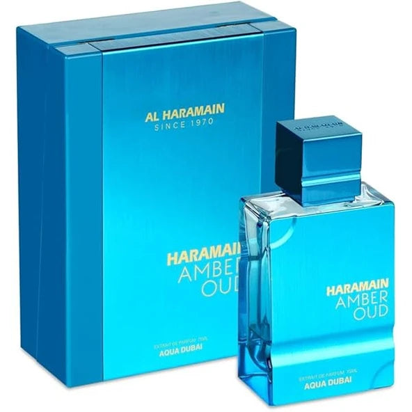 Al Haramain Amber Oud Aqua Dubai 100 ML — frasco y caja del perfume
