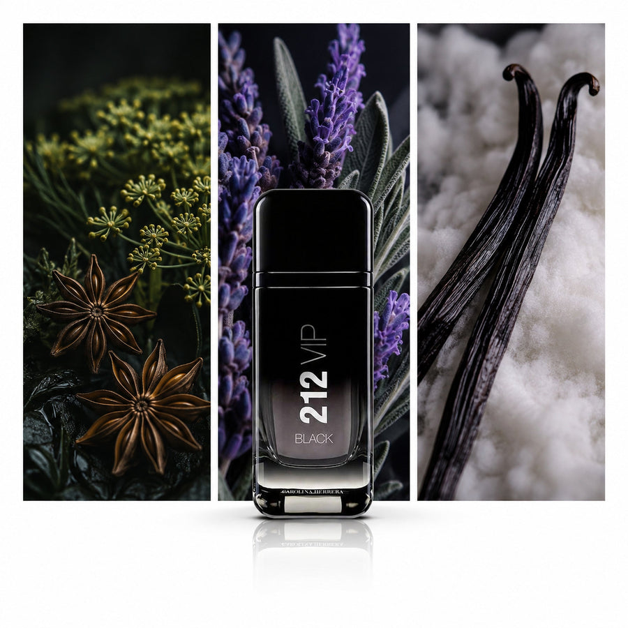 Carolina Herrera 212 VIP Black — composición editorial fotográfica DYNASTY