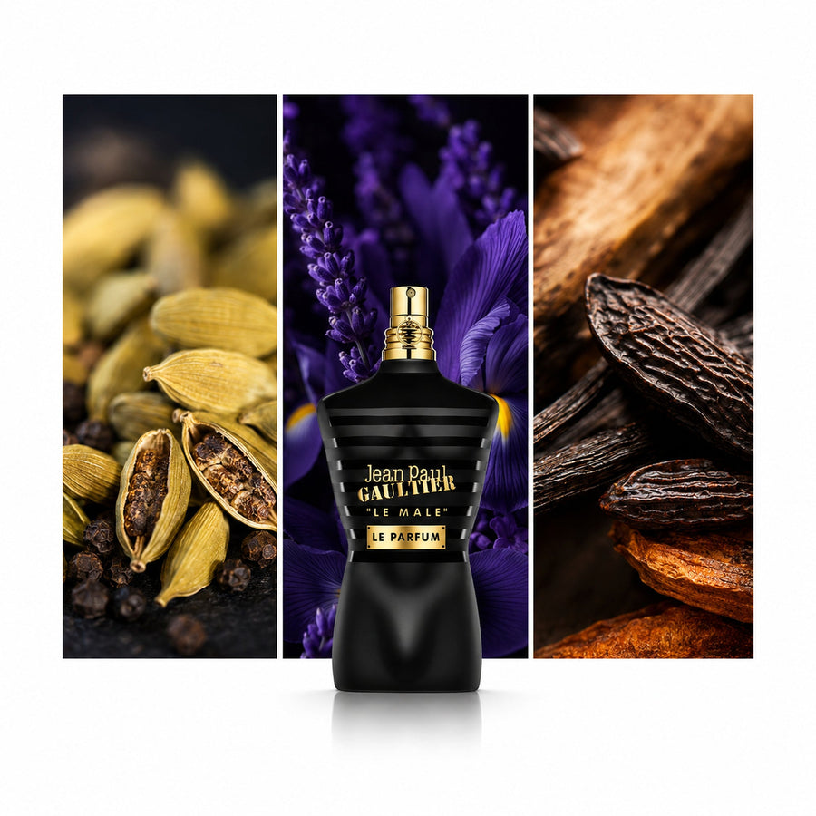 Jean Paul Gaultier Le Male Le Parfum — composición editorial fotográfica DYNASTY