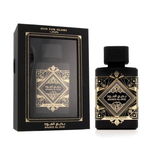 Lattafa Bade’e Al Oud Oud for Glory 100 ML — frasco y caja del perfume