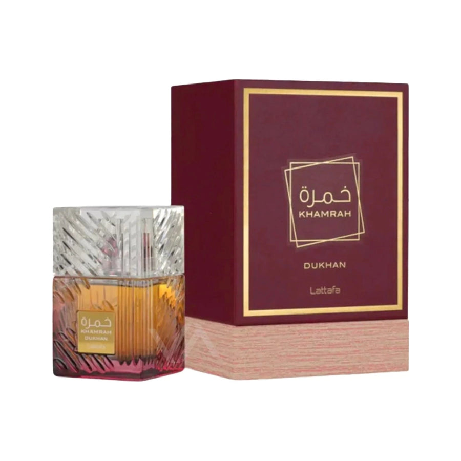 Lattafa Khamrah Dukhan perfume original con frasco y caja