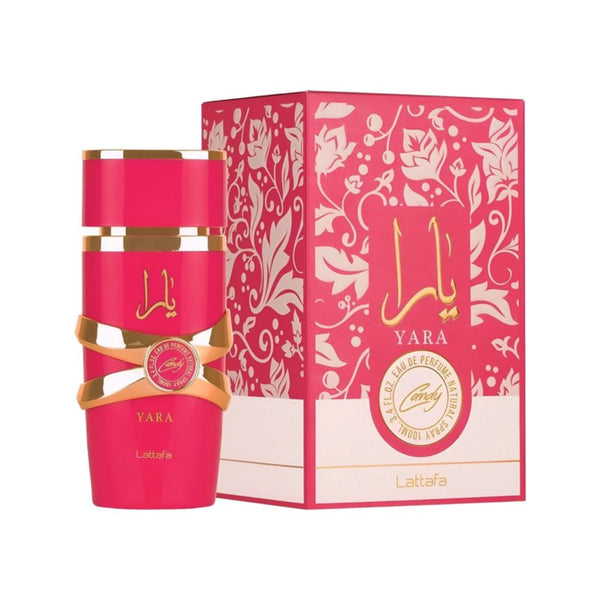 Lattafa Yara Candy 100 ML — frasco y caja del perfume