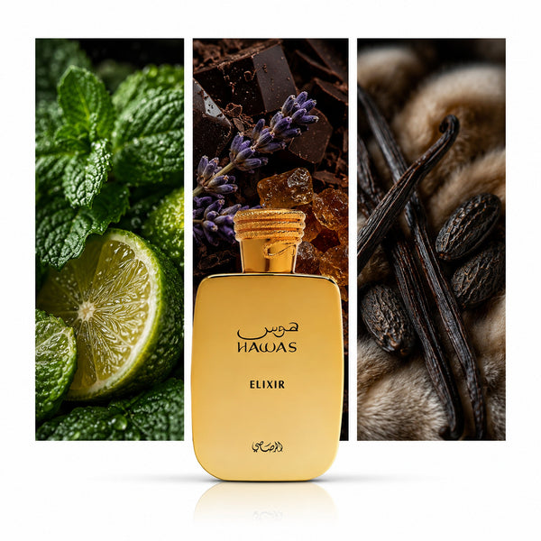 Rasasi Hawas Elixir — composición editorial fotográfica DYNASTY