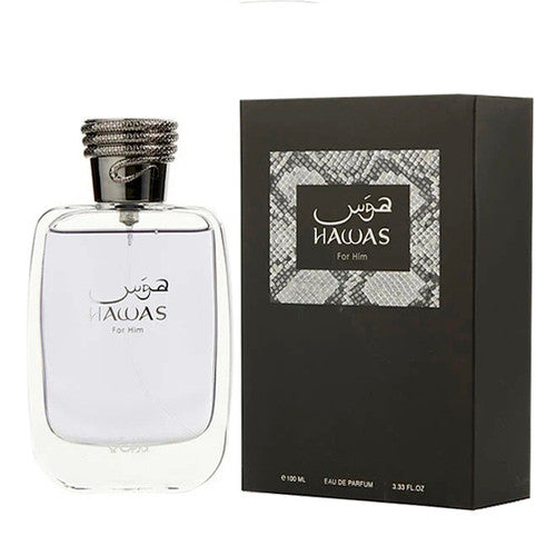 Rasasi Hawas for Him 100 ML — frasco y caja del perfume