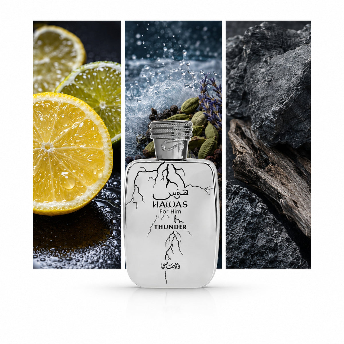 Rasasi Hawas Thunder — composición editorial fotográfica DYNASTY