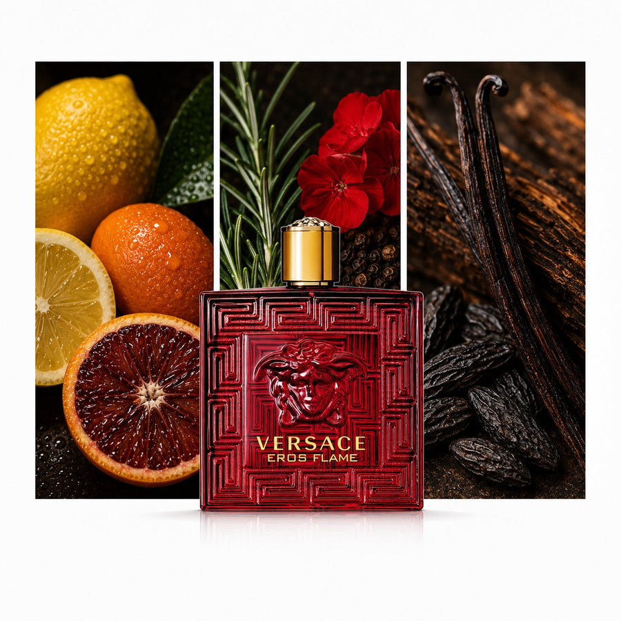 Versace Eros Flame — composición editorial fotográfica DYNASTY